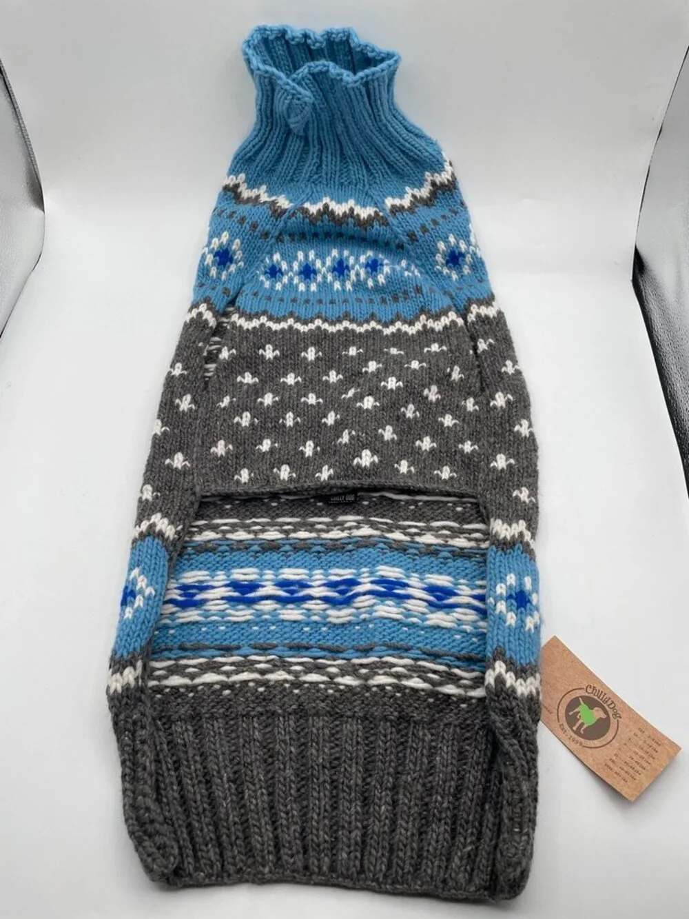 NWT Chilly Dog Light Blue Fair Isle Hand Knit Wool Dog Sweater